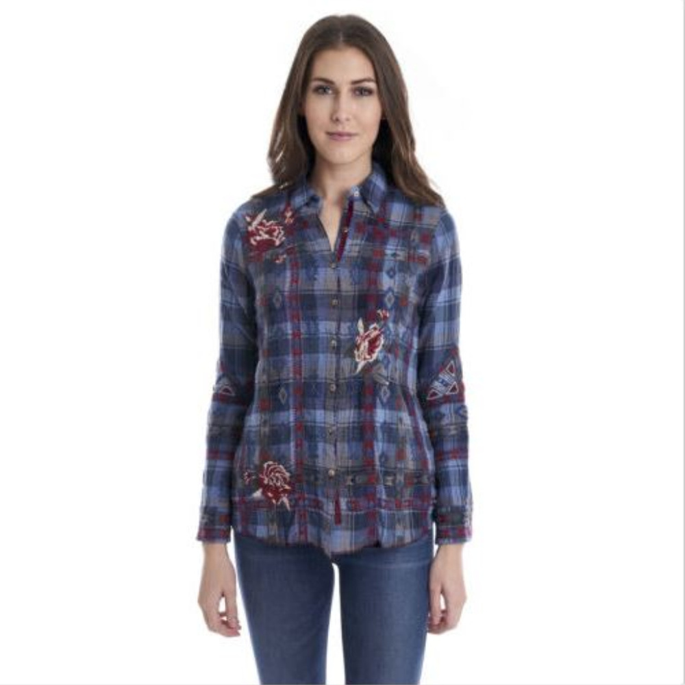 Johnny Was RAE Basic Shirt Plaid Floral Button Up